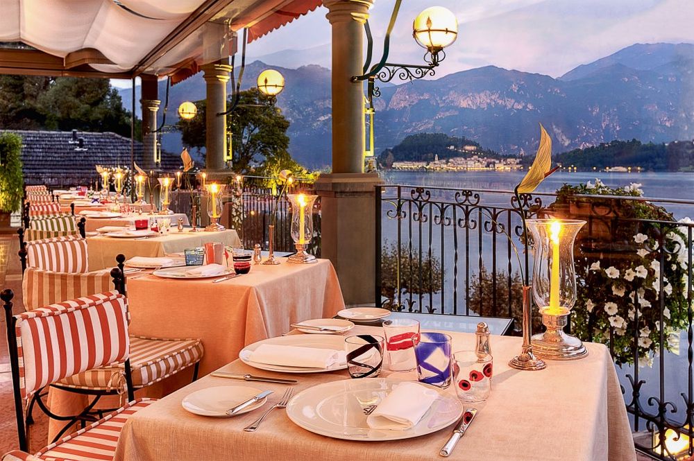 Grand hotel terrace overlooking Lake Como