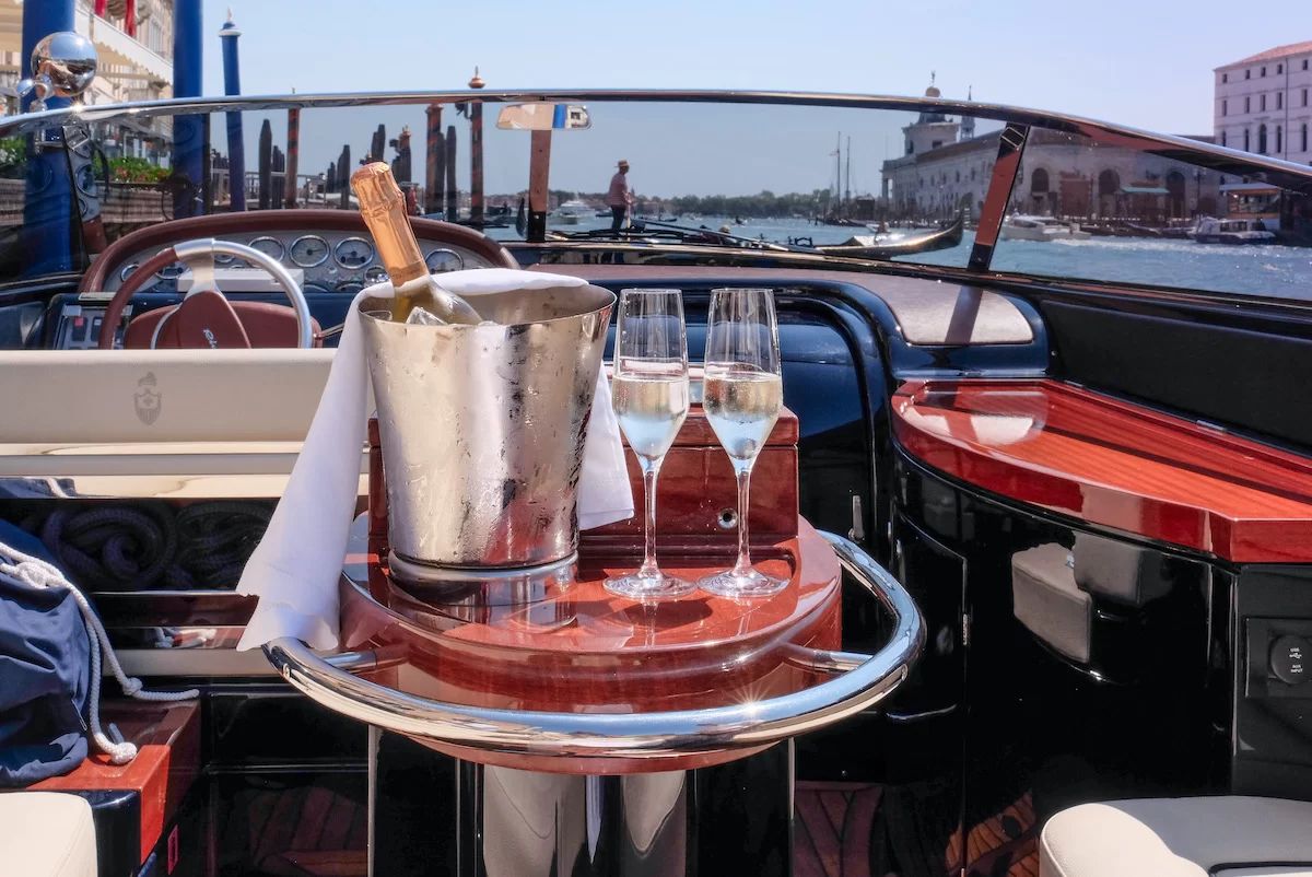 Champagne served aboard a private boat in Venice