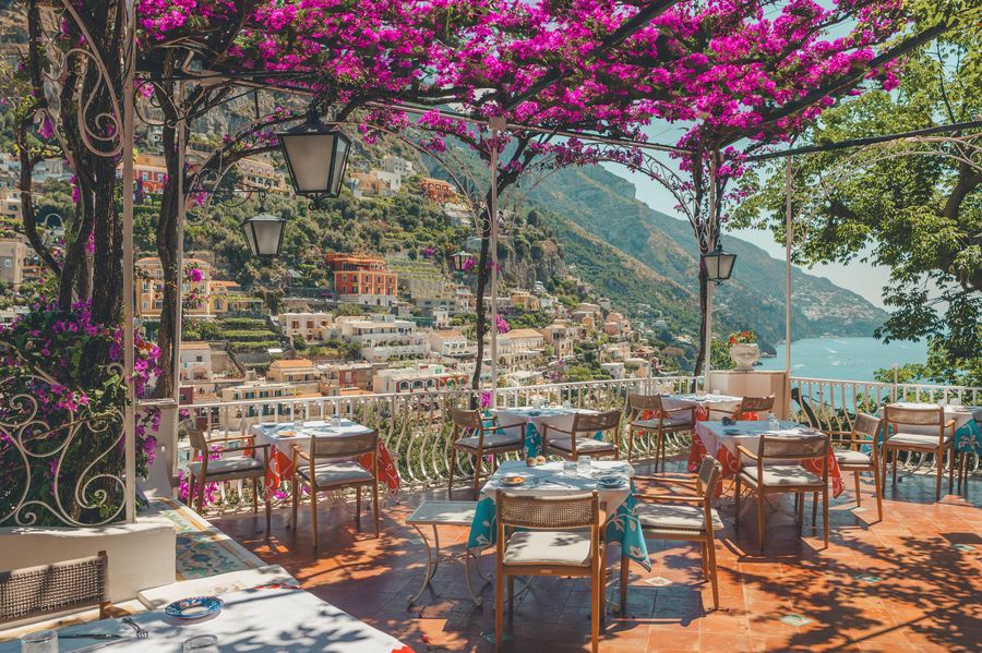 Pergola dining terrace above the Amalfi coastline